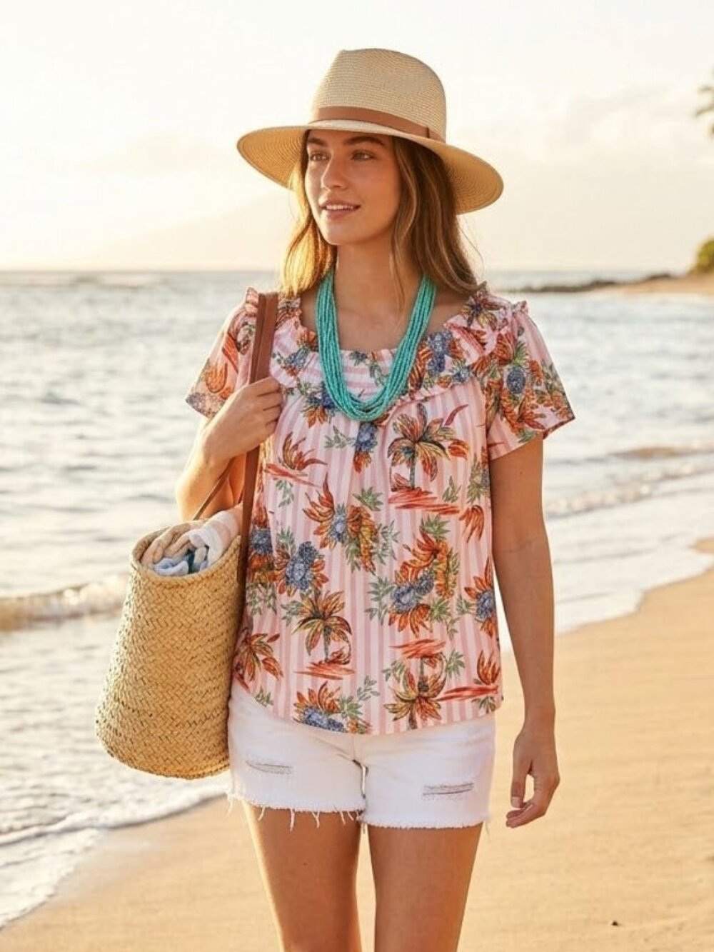 ENTRO LADIES PINK STRIPE/FLORAL OFF THE SHOULDER SUMMER SHIRT BRAND NEW WITH T
